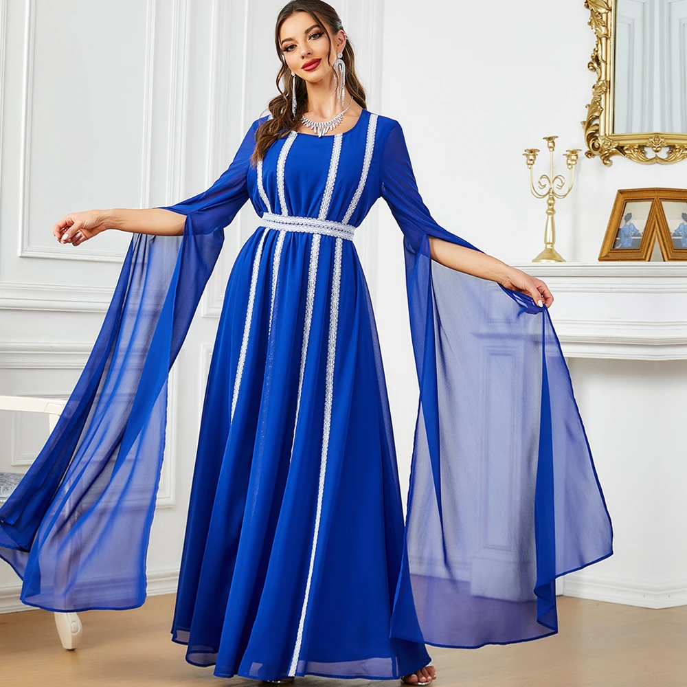 Модное шикарное однотонное шифоновое вечернее платье с длинным рукавом и