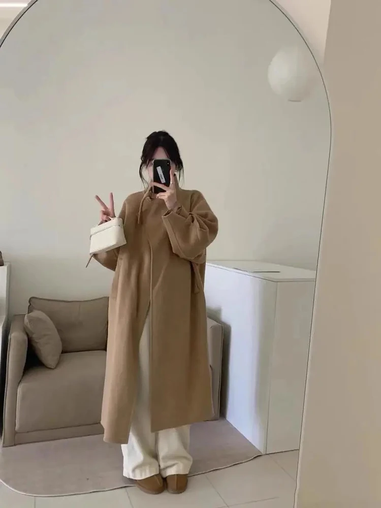 Осенне-зимние длинные шерстяные пальто Элегантные Свободные корейские новые