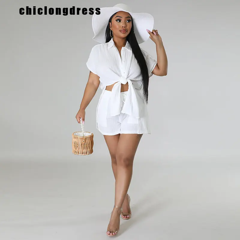

Summer Fashion Cotton Two Piece Suit Women Casual Button Lace-up Shirt Shorts Two Piece Suit Women