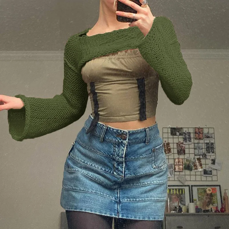 

Y2k Women's Tank Top Knitted Long Sleeve Blouse with Solid Color Navel Version Casual Style Women's Tube Tops Summer Clothing