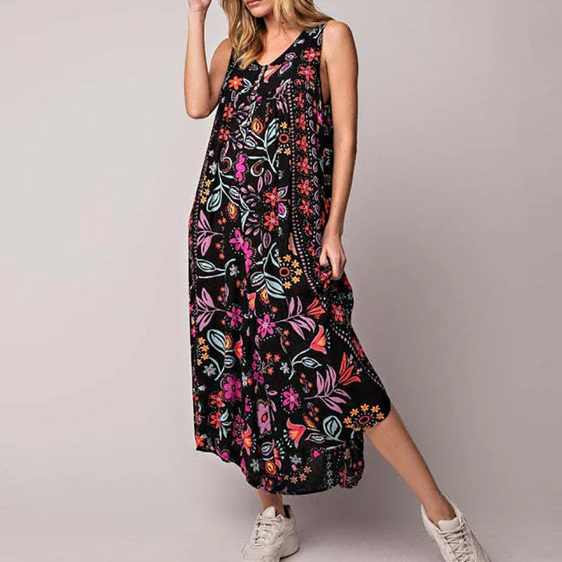 

Harajuku Retro Floral Print Loose Jumpsuits Women Spring V Neck Buttoned Playsuit Summer Sleeveless Tank Wide Leg Pants Overalls