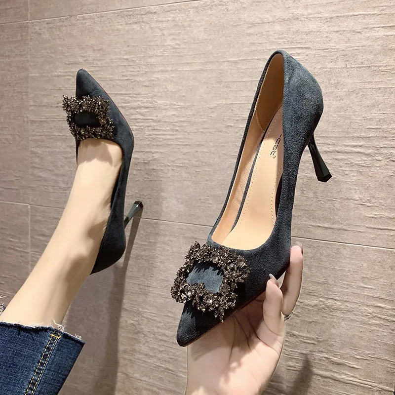 

High Heels Women 2022 New Pointed Toe Suede Ladies Shoes Summer Thin Heels Sexy Wedding Shoes Rhinestone Square Buckle Pumps PU