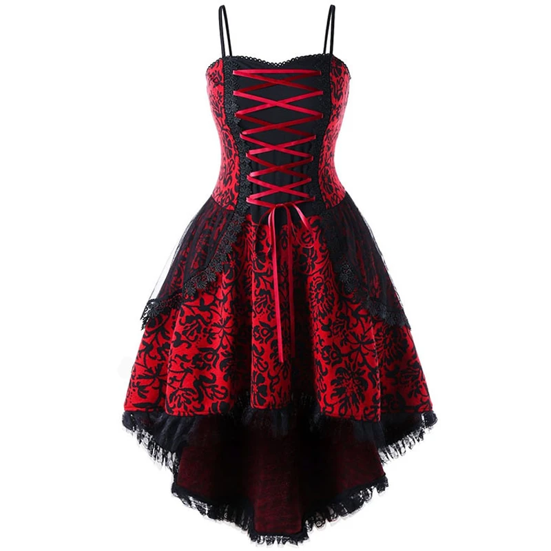

Vintage Gothic Costume Irregular Dress Short Front Long Back Sundress Women Black Red Spaghetti Strap Oversized Party Dresses