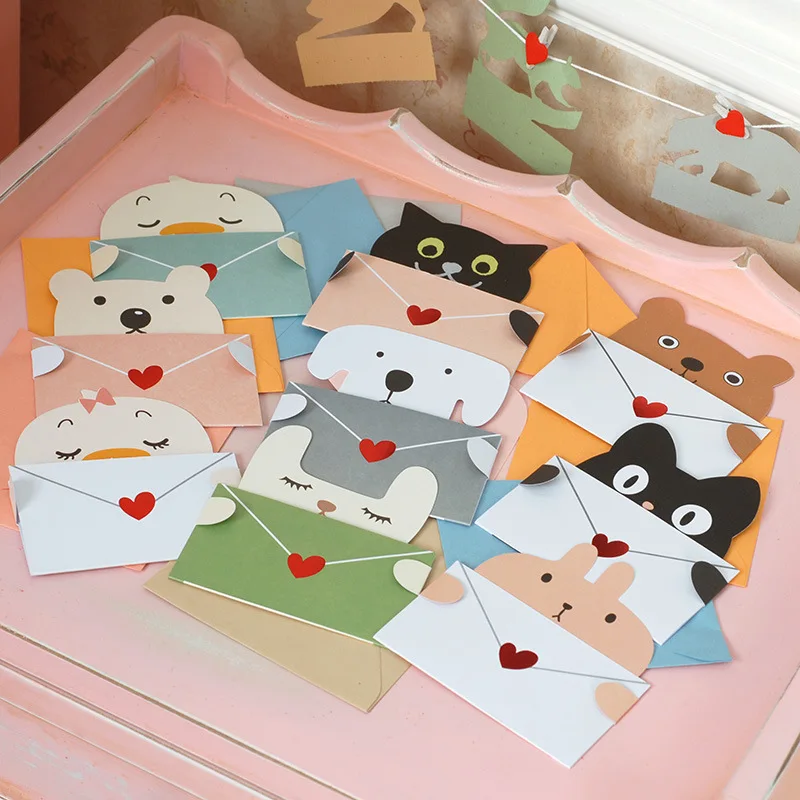 

50Packs wholesale Folding Universal Greeting card+envelope Mini card Cartoon dog cat animal Scrapbooking account Gift Cards