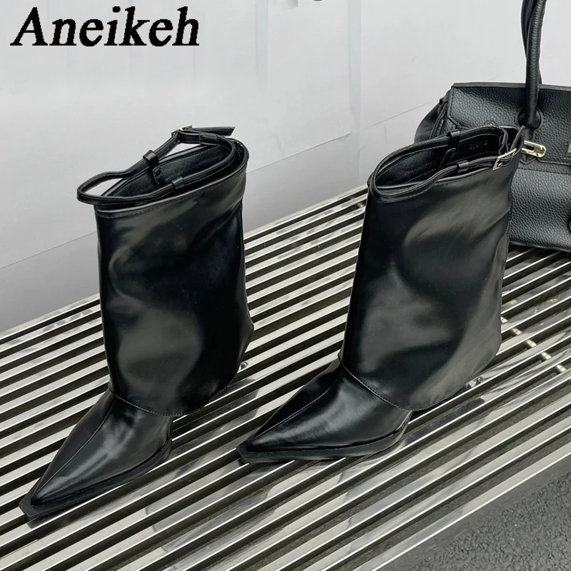 

Aneikeh2024 трендовые пикантные ботинки для мотоциклистов из искусственной кожи с перевернутым краем и ремешком с пряжкой женские ботинки с острым носком на тонком каблуке до середины икры на молнии в уличном стиле