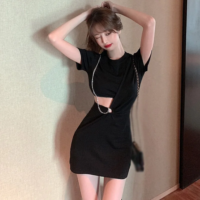 Y2K Женское Облегающее Летнее Платье Черного Цвета Длиной До Колена С Круглым