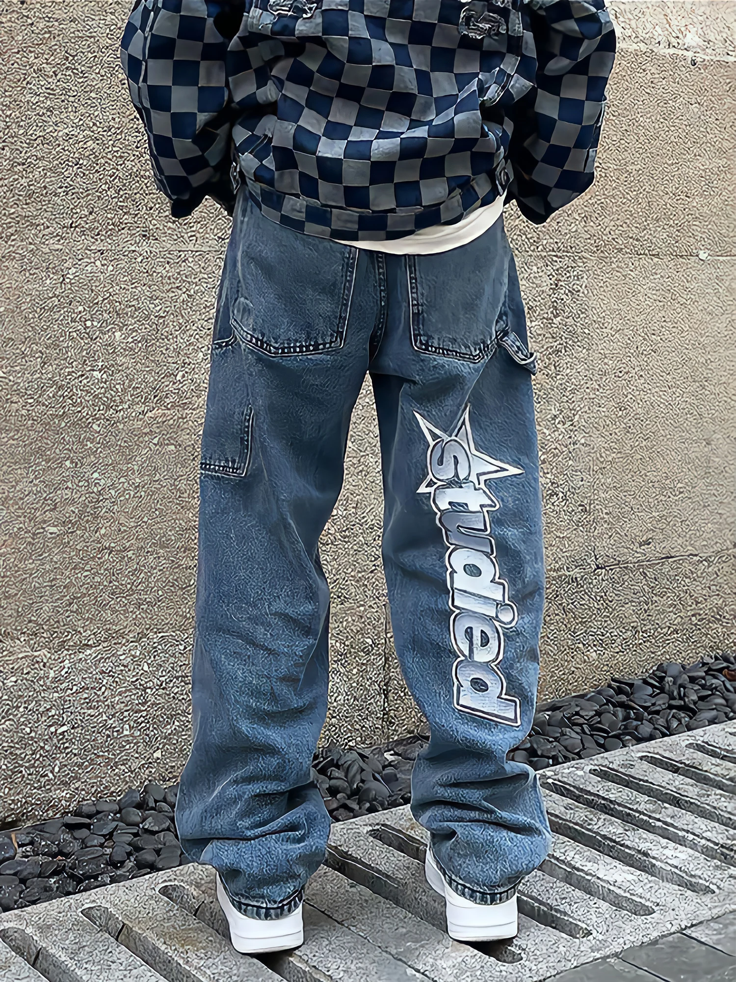 

Нейтральные ветрозащитные черные мешковатые джинсы с вышивкой, женские синие брюки со средней талией, повседневные брюки с принтом звезд и ...