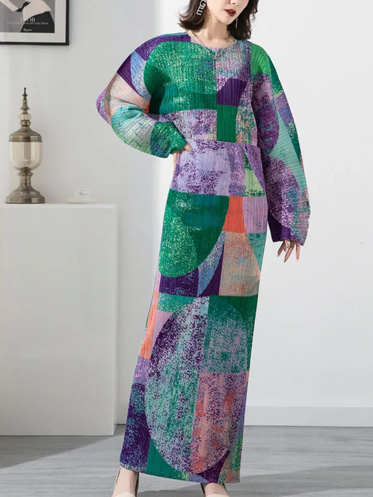 

Miyake Original Pleated Printing Maxi Dress Round Neck Long Sleeves Retro Dresses Female Elegant Clothing 2023 Autumn New