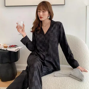 Elegant Women's Sets High-quality Plaid Lapel Thin Silk Sleepwear Summer Pijama Home Suit Fashion Se