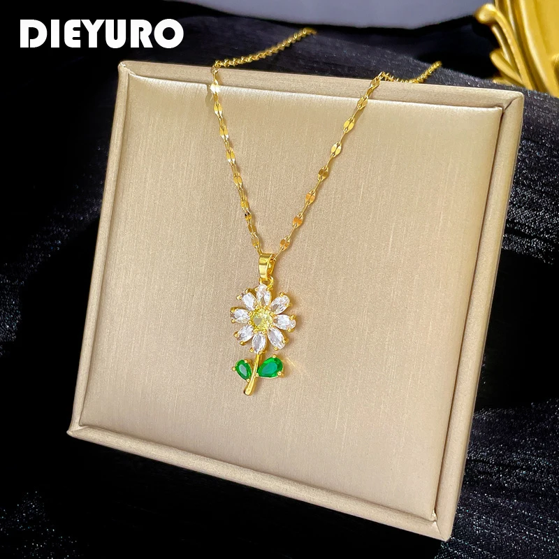 

DIEYURO 316L Stainless Steel Full Zirconia Flower Pendant Necklace For Women New Cute Sweet Girls Clavicle Chain Jewelry Gifts