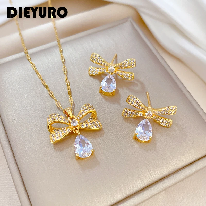 

DIEYURO 316L Stainless Steel Cute Bow Water Drop Pendant Necklace Earrings For Women Girl New Trendy Jewelry Set Gift Party