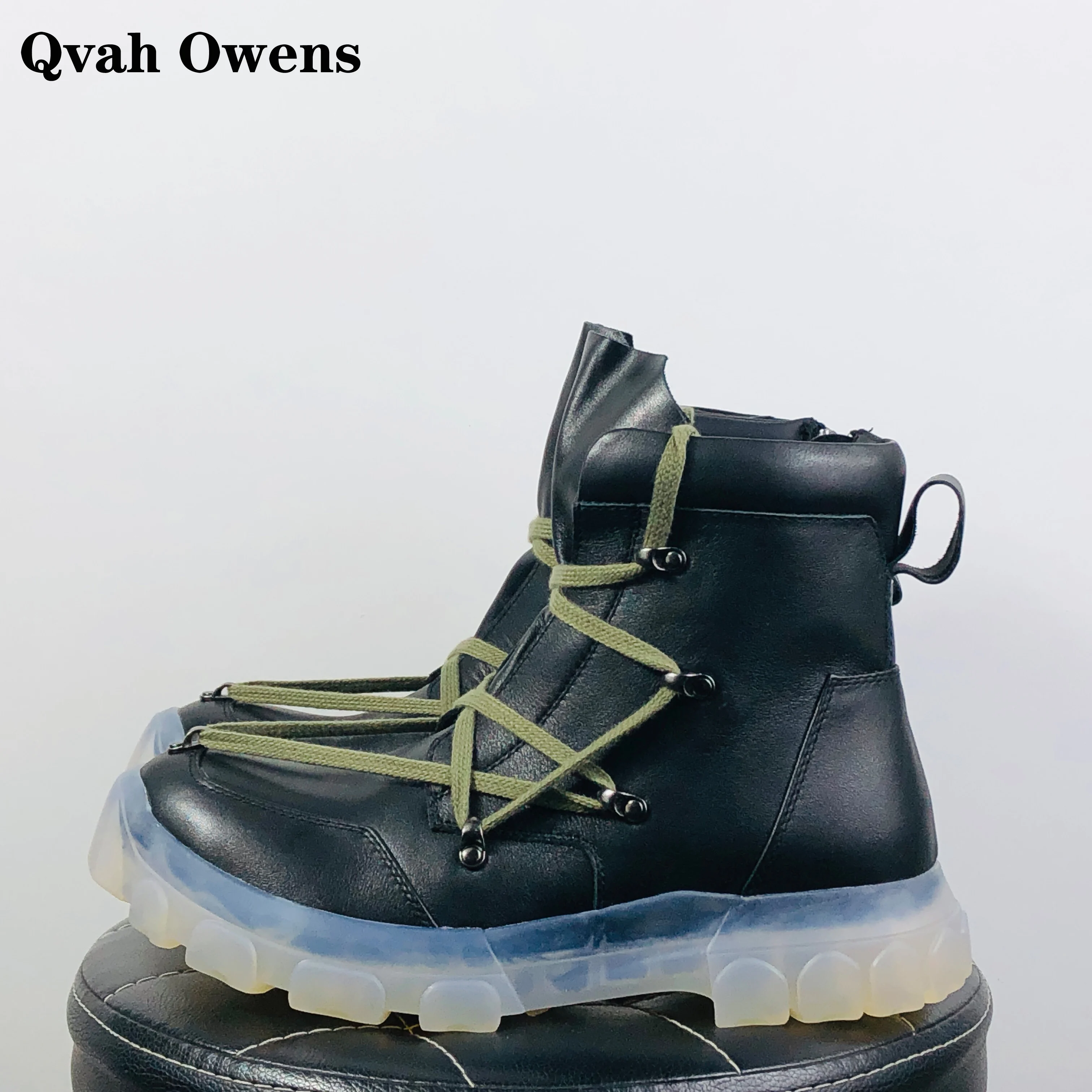 Фото Qwa Owens Shoes Мужские повседневные ботинки из натуральной кожи Роскошные женские кроссовки на шнуровке на молнии High Street Осенние черные туфли на плоской подошве №1