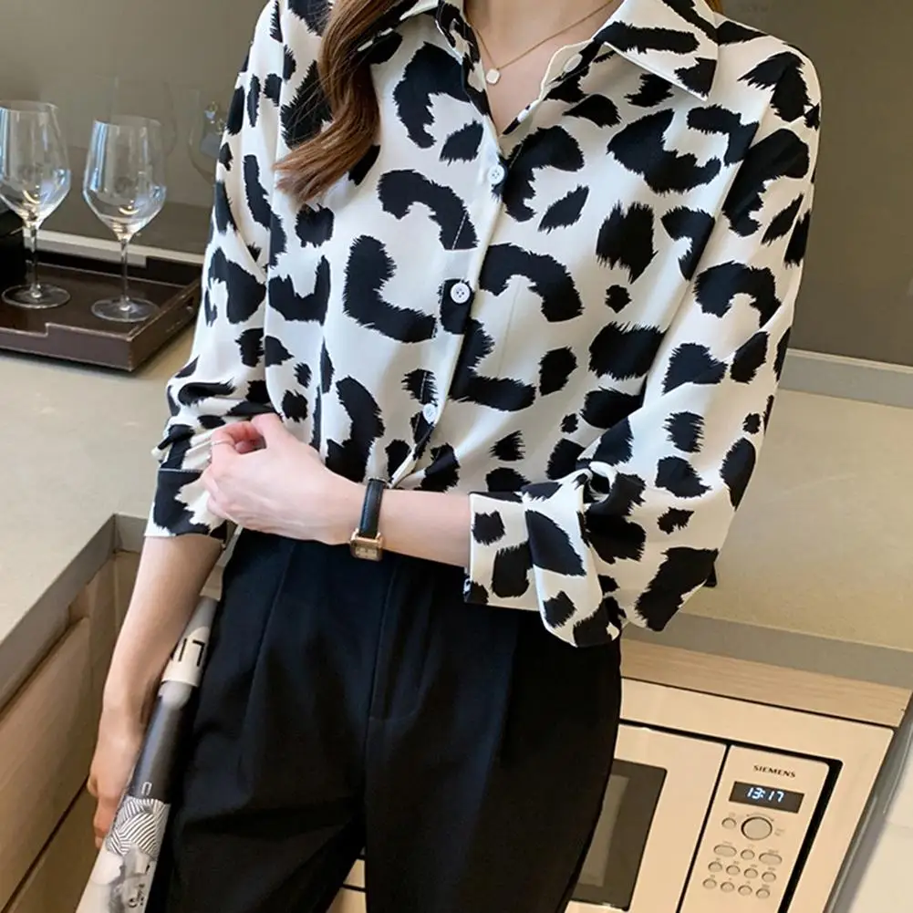 

Женская шифоновая блузка с леопардовым принтом, свободная однобортная рубашка с длинным рукавом и воротником с лацканами