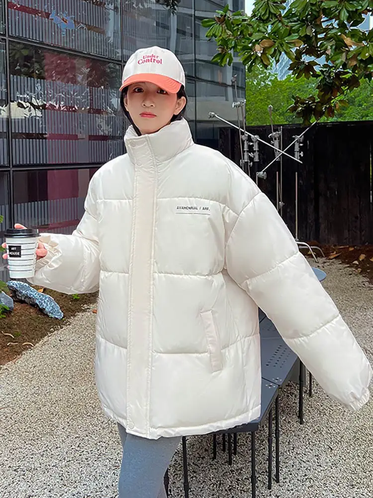 Vielleicht 2023 New Stand Collar Winter Snow Parka Women Thick Warm Hooded Jacket Clothes Loose Short Cotton Padded Coat Outwear