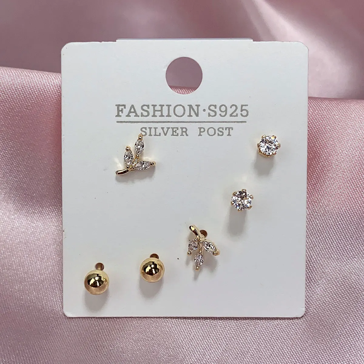 

French Fashion Simple Mini Crystal Leaf Stud Earrings Set Women Classic Luxury Zircon Plating Gold Earring Wedding Party Jewelry