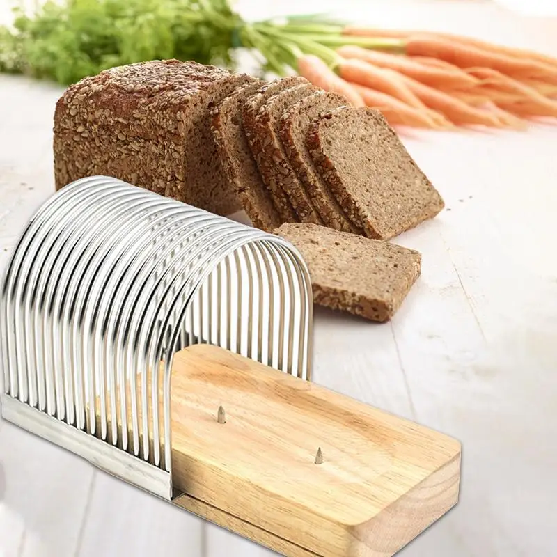 

Kitchen Bread Toast Slice Cutter Stainless Steel Detachable Loaf Slicer Homemade Bread Slicing Machine Wooden Seat Baking Tool