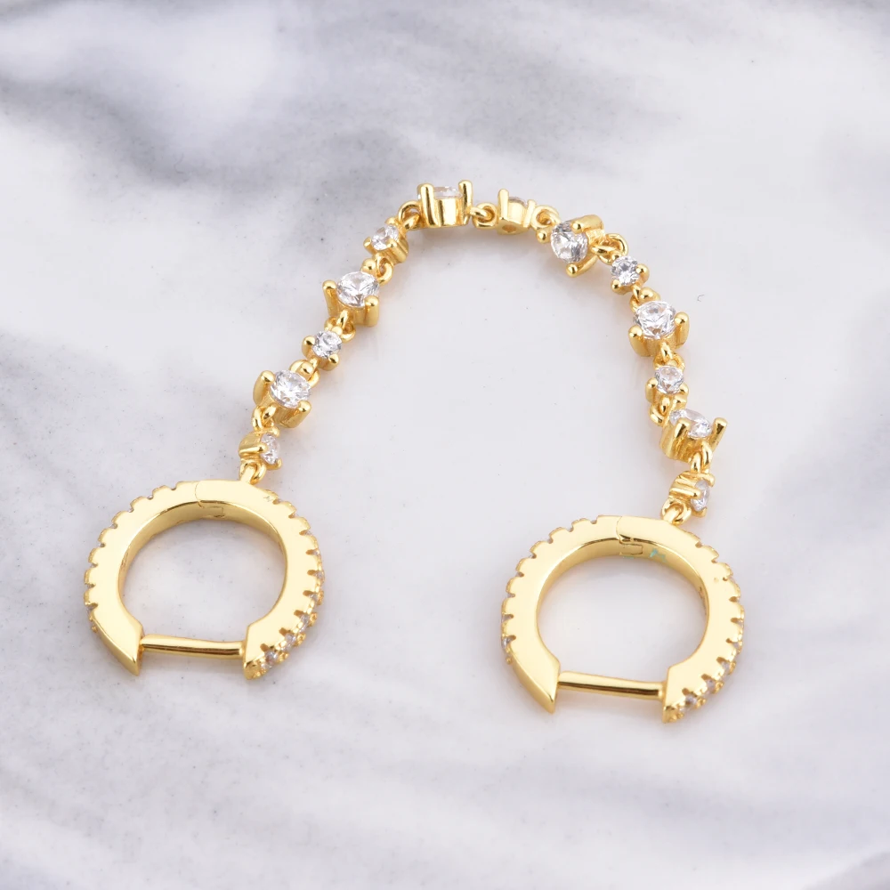 

Bohemian Piercing Colorful Zircon Chain Link Double Ring Dangler for Women Earrings Fashion Jewelry Ins Same Earings Party Gifts