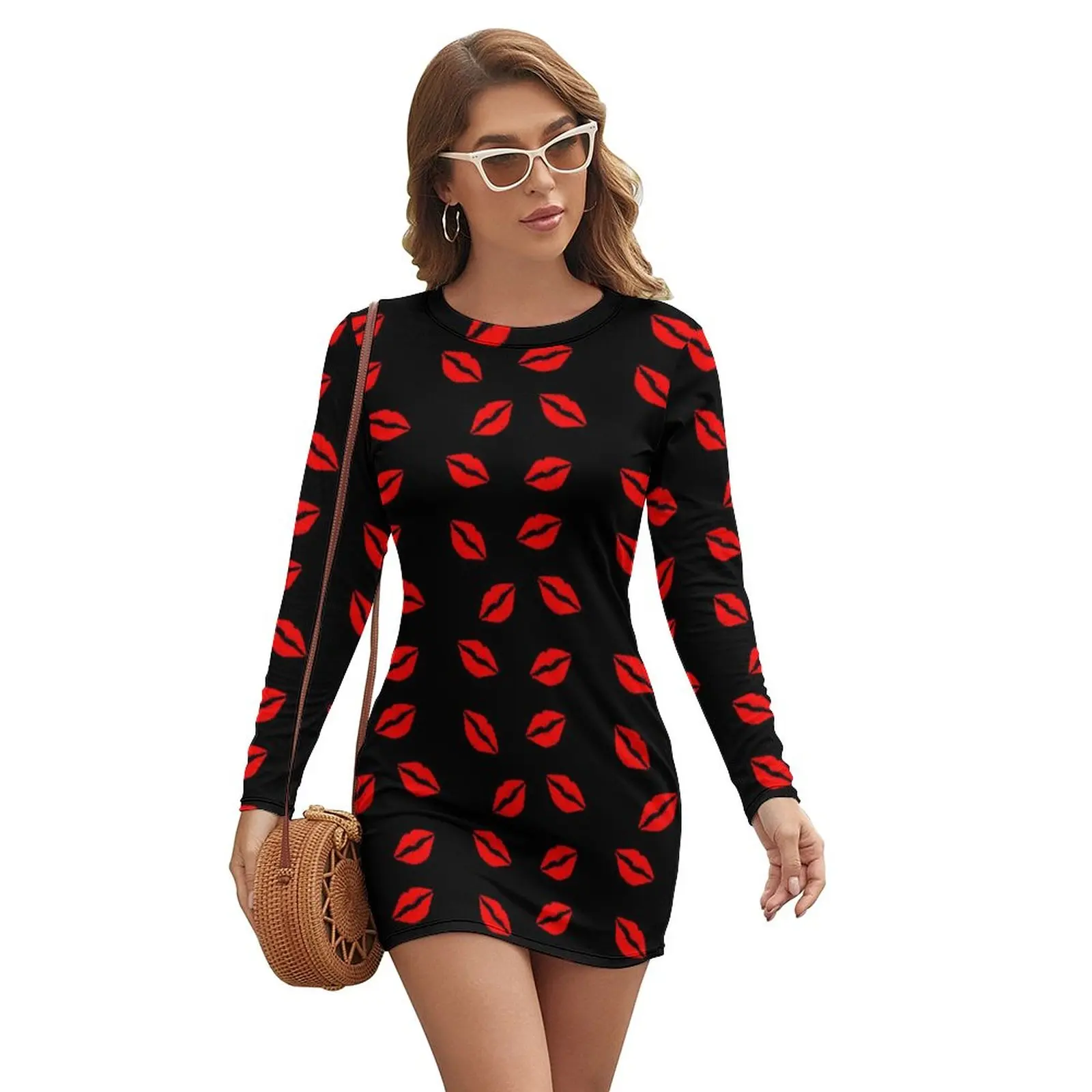 

Kissy Lips Bodycon Dress Autumn Red Mouths Print Modern Dresses Woman Long Sleeve Printed Street Wear Dress Large Size