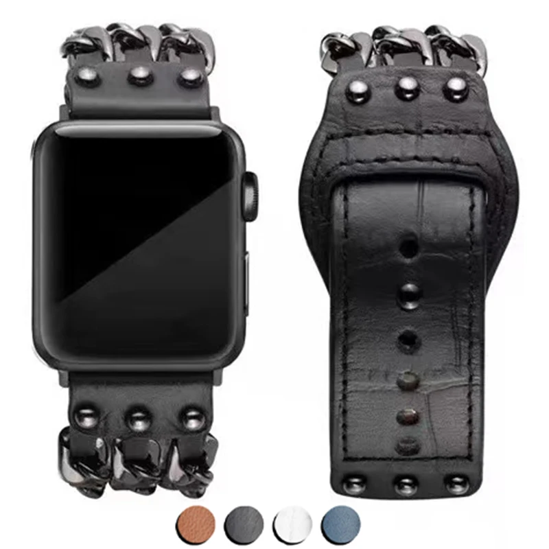 

Luxury Genuine Leather Mrtal Strap for IWatch SE 6 5 4 Stainless Steel Loop Bracelet for Apple Watch Band 7 41 45 40 38 44 42mm