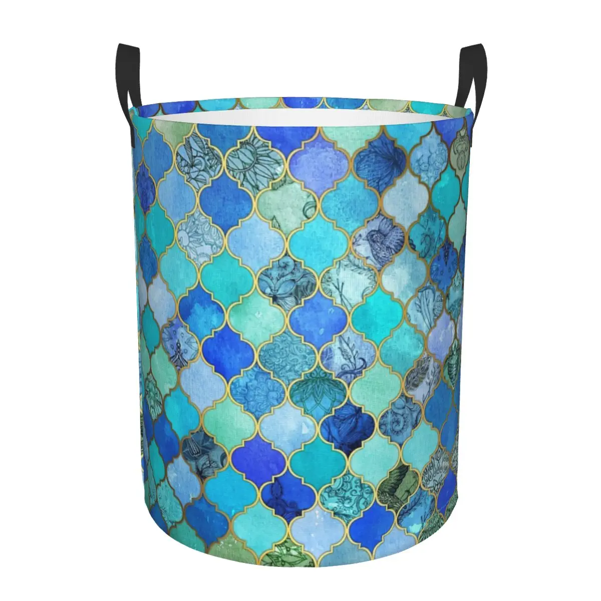 Cobalt Blue, Aqua & Gold Decorative Moroccan Tile Foldable Laundry Baskets Dirty Clothes Toys Sundries Storage Basket For Home