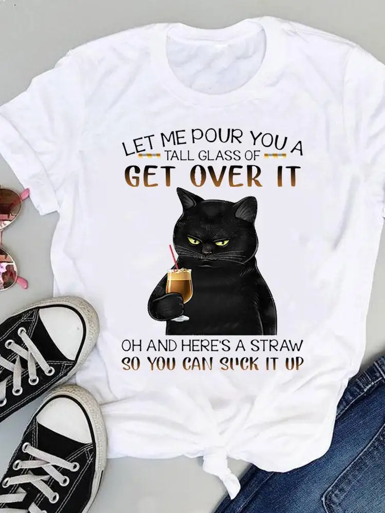 

Футболки с рисунком кошки, Забавные милые женские футболки в стиле 90-х с коротким рукавом, летние модные топы с мультяшным рисунком, женская ...