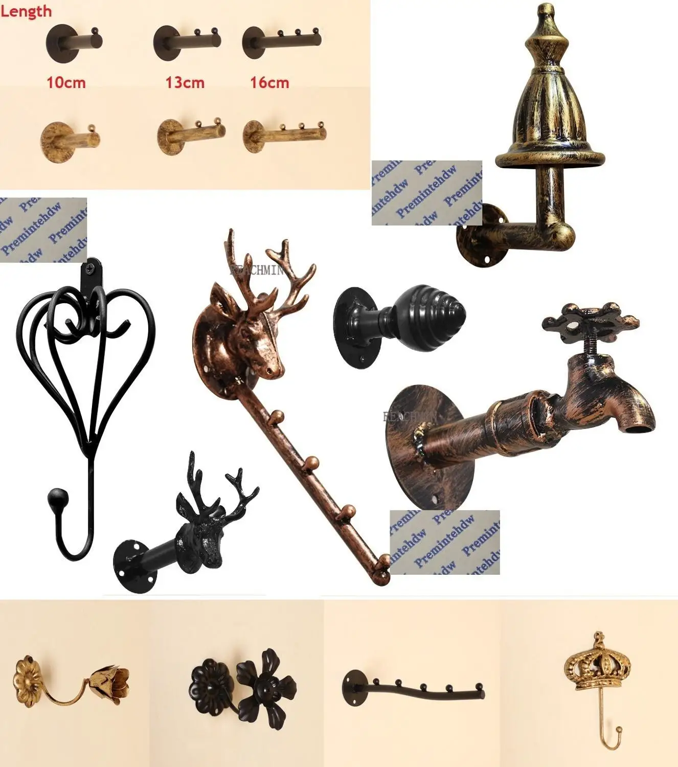 

Deer Head Faucet Crown Flower retro vintage antique iron closet coat hat scarf bag hook wall displaying rack cloth dressing shop