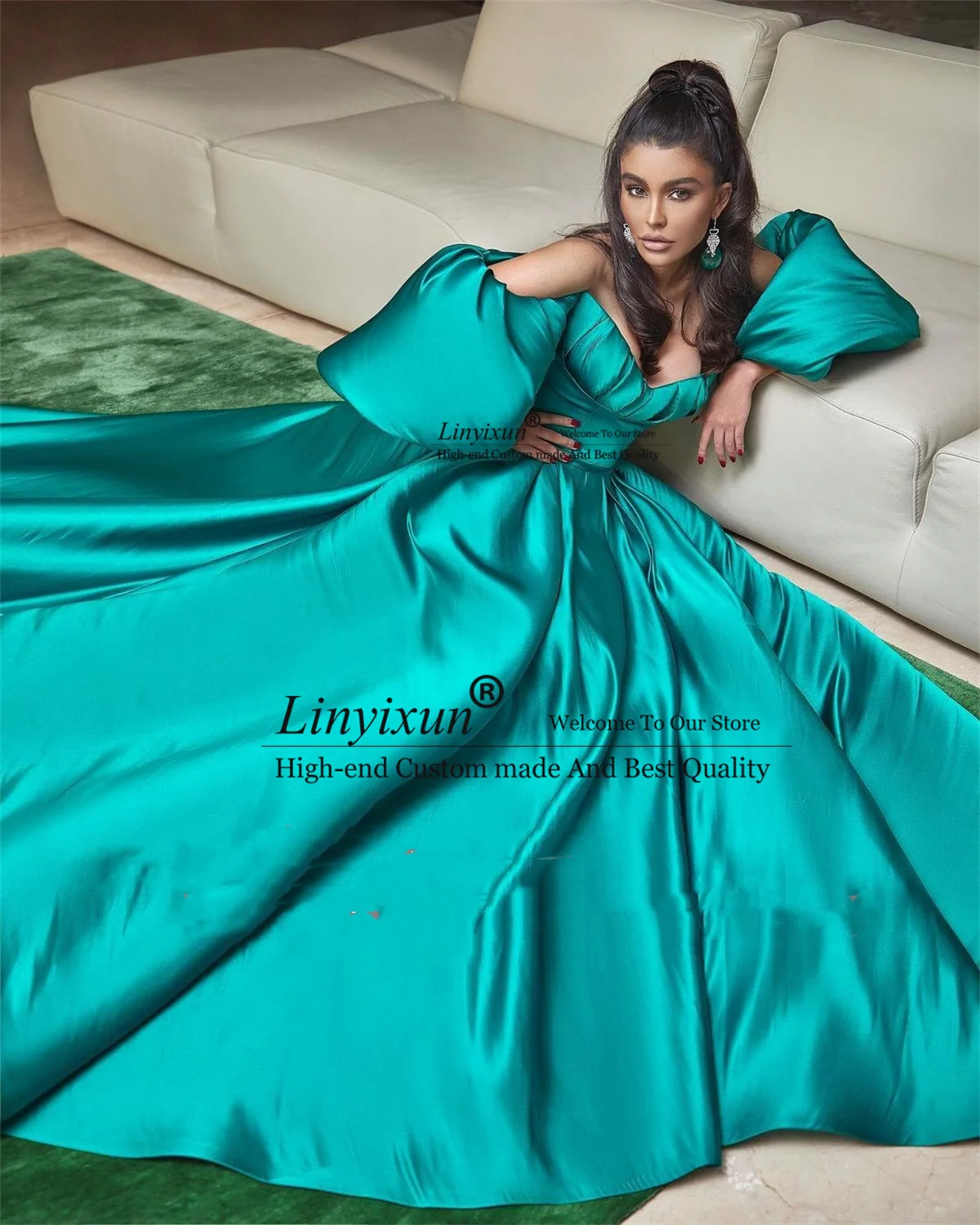 

Elegant Green Satin Prom Dresses Puffy Sleeves Sweetheart Crystals Beaded Evening Gown Long Ball Gown Arabic robes de soirée