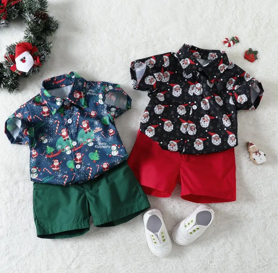 

2PCS Set Christmas Kids Boy Clothes Set Santa Print Short Sleeve Single Breasted Shirts Shorts Boys Gentleman Xmas Clothing