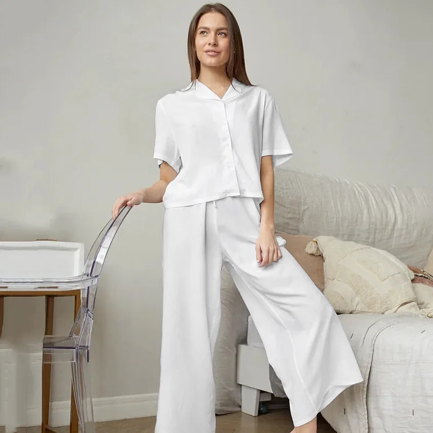 

2023 Cotton Slik Pant Sets for Women Spring Summer Short Sleeve Shirt Loose Pants Suit White 2 Piece Outfit Two Loungewear