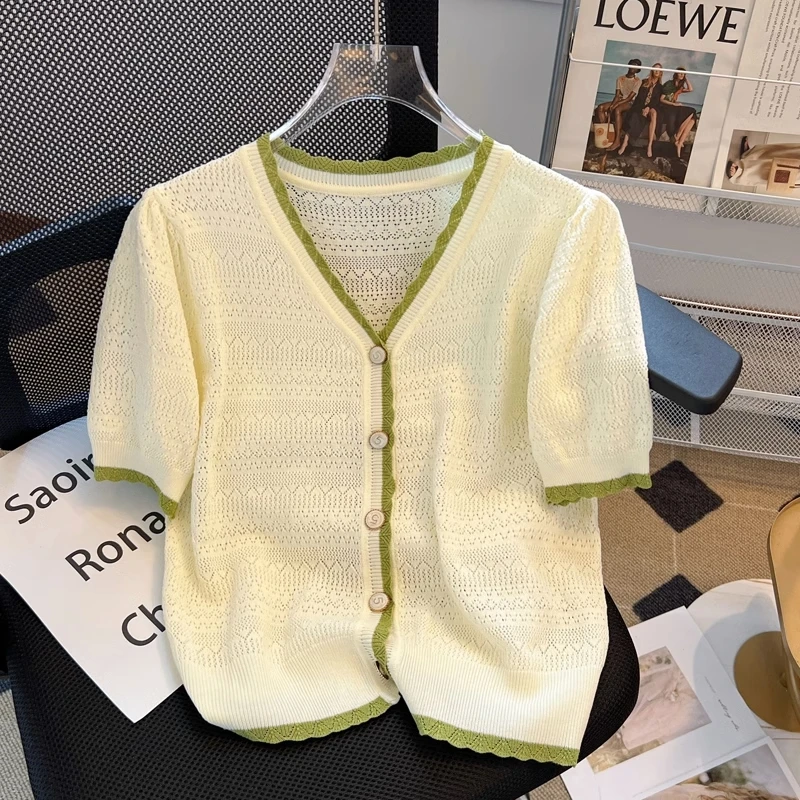 

Summer Sweet Thin Knitted Cardigan Short Sleeve Women's 2023 New Short V-neck Colored T-shirt Top