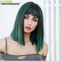 green short bob wigs with bangs cosplay wigs synthetic wigs for women straight bob wig heat resistant wig for party daily use