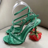 new rose flower heels women sandal shoes green satin buckle strap runway shoes flower heels banquet party shoes size43