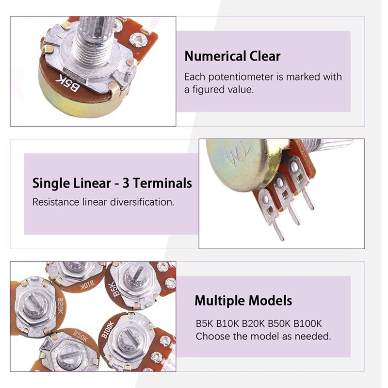60PCS B5K 10K 20K 50K 100K Ohm Knurled Shaft Linear Rotary Taper Potentiometer With Knob(WH148) And Washers Nuts Kit