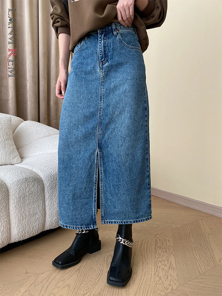 

[LANMREM] High Waist Straight Split Denim Skirts For Women Solid Office Lady Female Skirt Fashion Clothing 2023 Autumn New