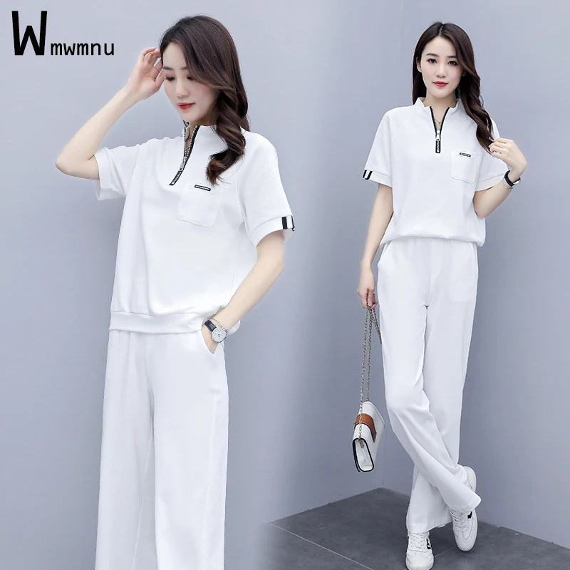 

Women Summer White Casual Two Piece Sets Ladies Zipper Pullover Short Sleeve Tops+High Waist Straight Leg Pants Baggy Outfits