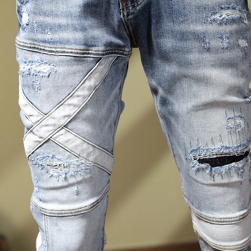 Street Fashion Men Jeans Retro Light Blue Spliced Designer Skinny Ripped Jeans Men Patchwork Hip Hop Denim Pencil Pants Hombre