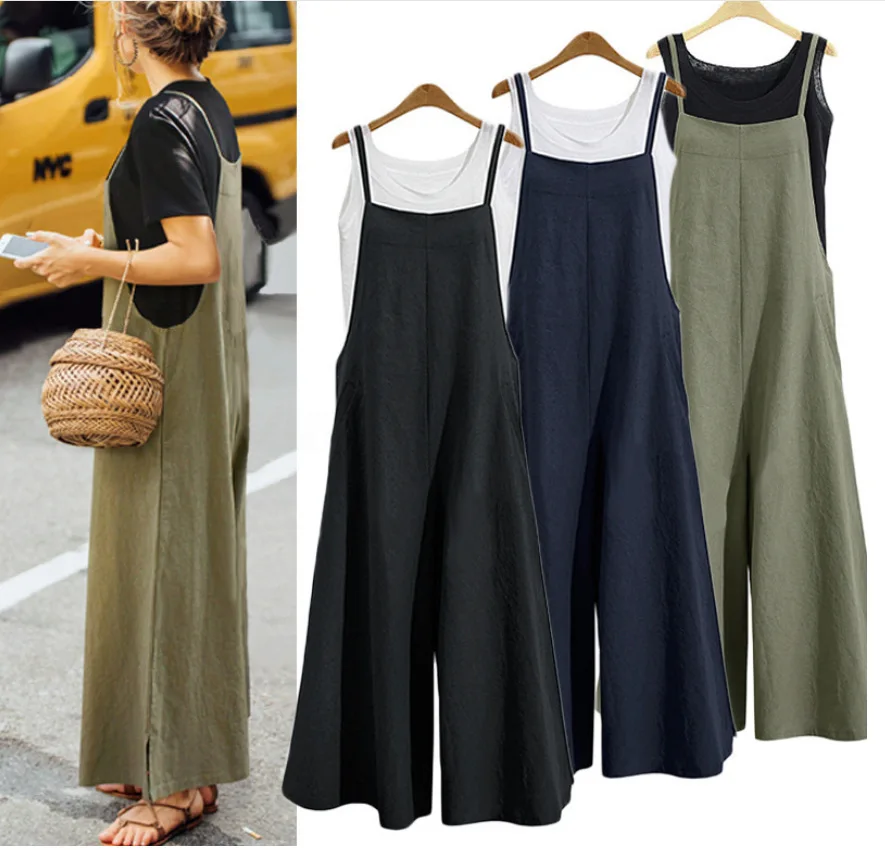 2022 Spring Fall Loose One Piece Wide Leg Pants Women Cotton Solid Color Straight Bib Pants Hot Selling Trousers