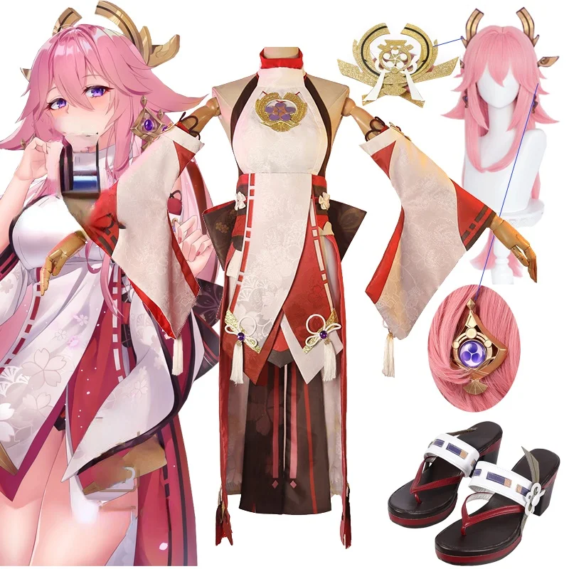 

Genshin Impact Yae Miko Guuji Yae Cosplay Costume kawaii Cos Wigs Shoes Games Uniform Dress Outfits Halloween Costumes For Women