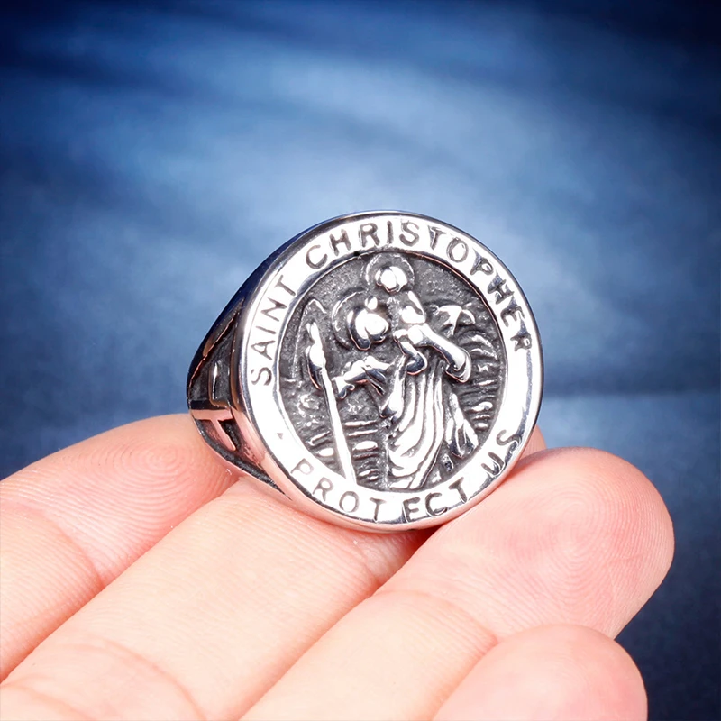 

Saint Christopher Guardian Ring Men's Personality Cross Stainless Steel Biker Jewelry Boyfriend Creative Gift Wholesale