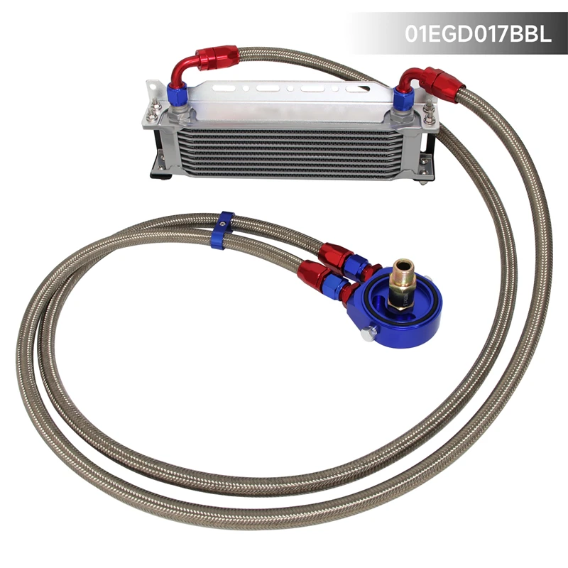 

AN8 10 Row 248mm Universal Engine Transmission Oil Cooler British Type + Aluminum Filter Hose End Kit Black/Blue
