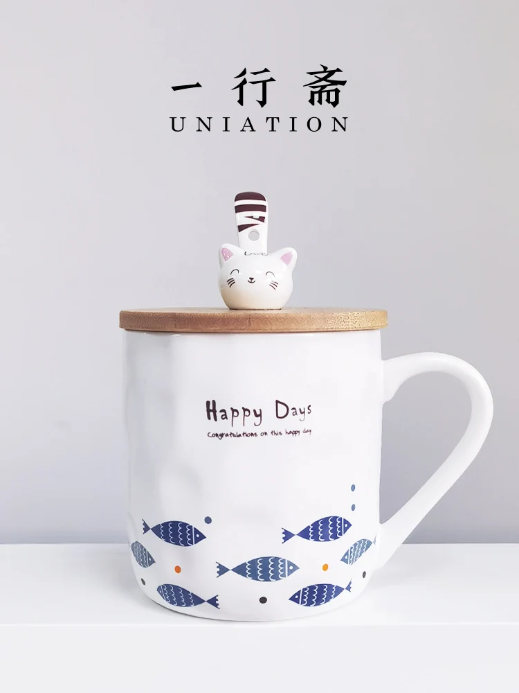 

Cute cartoon Japanese kitten blue and white fish ceramic mark water cup wooden cover spoon milk breakfast
