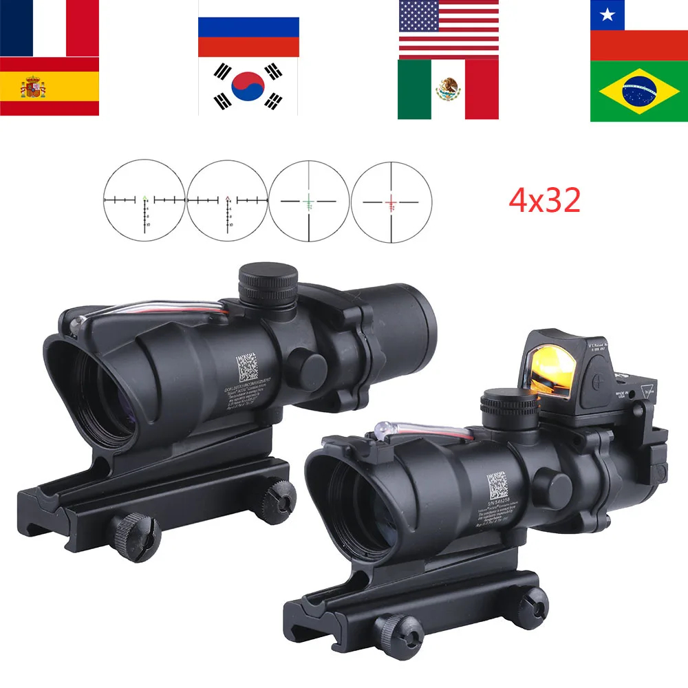 ACOG 4X32 Real Fiber Optics Red Green Dot Illuminated 4 Styles Reticle with RMR Optional for Tactical Airsoft Rifle Hunting