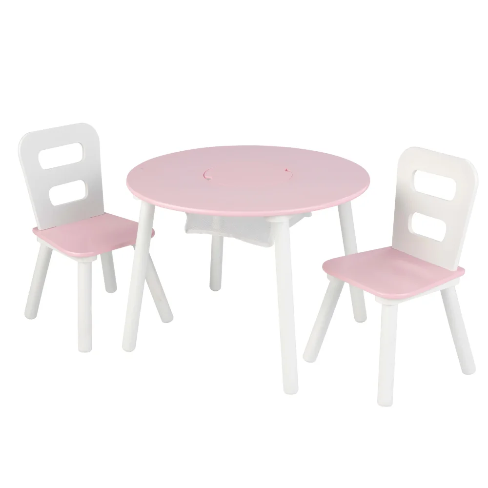 

Wooden Kids Round Storage Table & 2 Chair Set, Pink & White