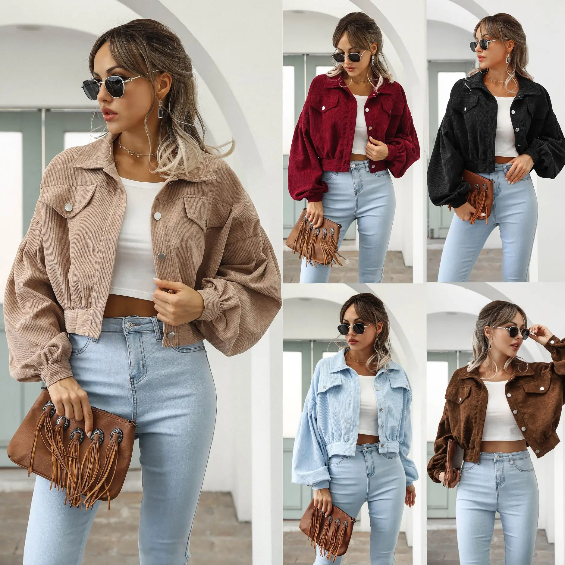 

Autumn Winter Corduroy Jacket Women Vintage Fashion Casual Lapel Single-breasted Short Coat Lantern Sleeve Streetwear Outer Wear