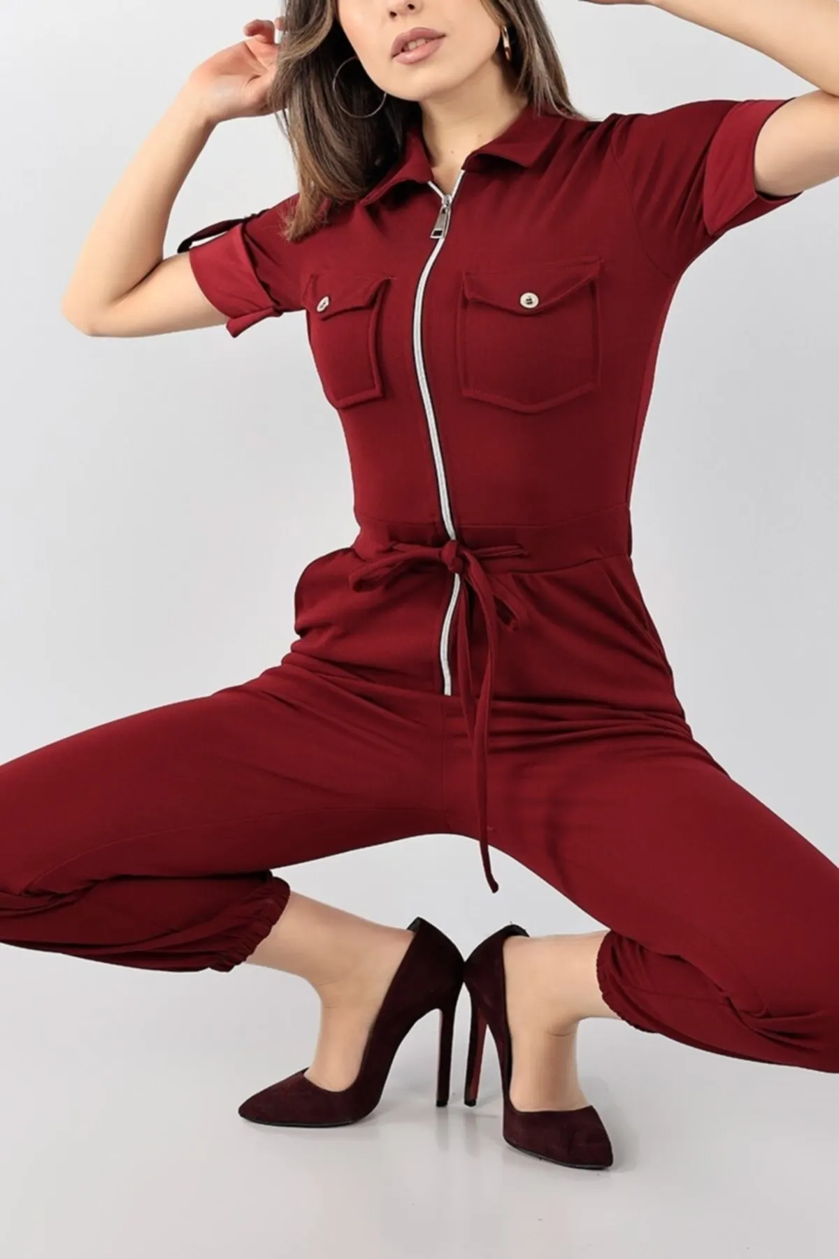 

Women's Overalls Claret Red Zippered Sleeve Tie Crepe Jumpsuit Hot Casual Fashion Sleeveless Baggy Trousers