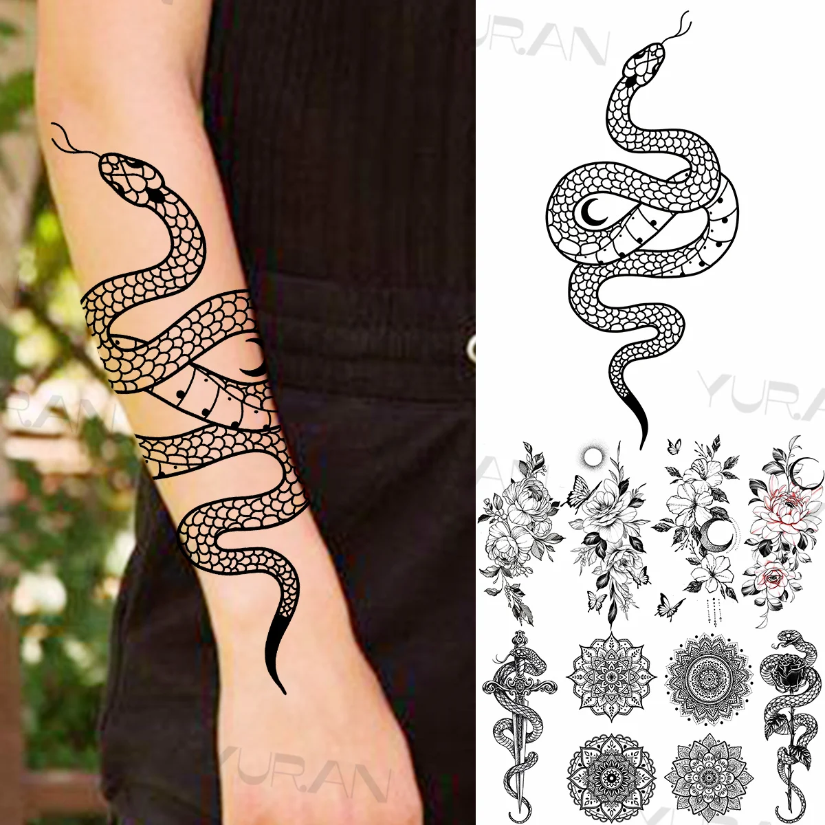 

Black Snake Temporary Tattoos For Women Girls Realistic Sword Rose Flower Mandala Butterfly Flora Fake Tattoo Sticker Arm Tatoos