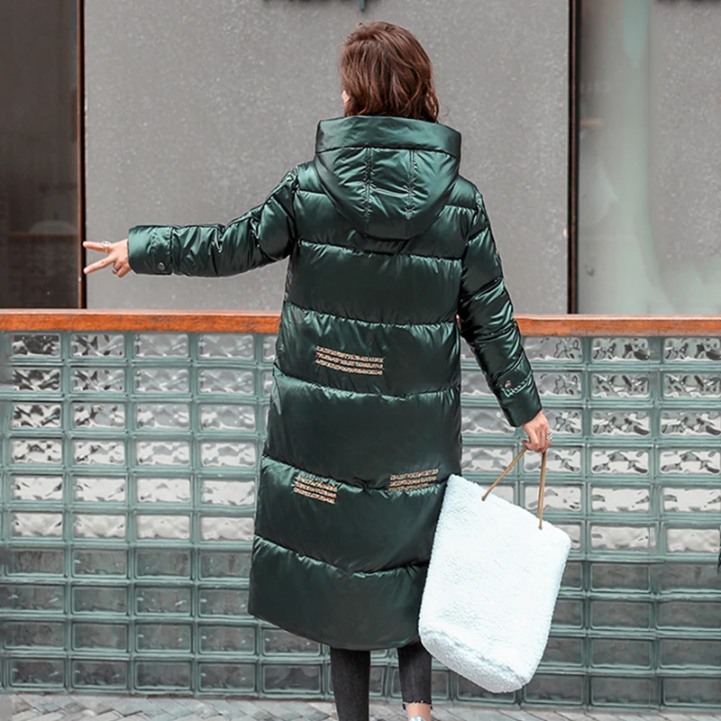 Women Hooded Shiny Coats Letter Printing Winter Long Jackets Casual Stand Collar Overcoat with Zipper Female Down Cotton Parkas