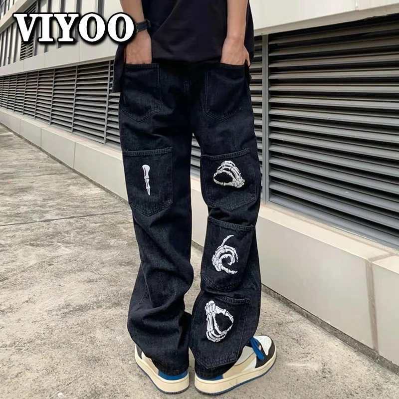 Men's Y2K Clothes Casual Printed Women's Vintage Baggy Wide Leg Straight Jeans Trousers Denim Pants Goth Streetwear
