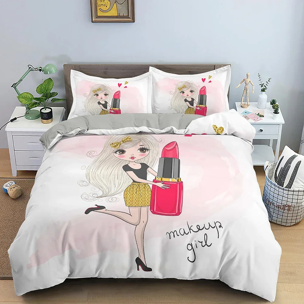 Makeup Gril Bedding Set Fastion Cartoon Duvet Cover Bedroom Comforter Covers Twin King ​Size Quilt Home Textile 2/3PCS