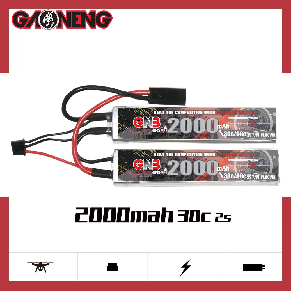 Аккумулятор GAONENG GNB 7,4 в 2000 мАч 2S 30C Lipo с разъемом Mini Tamiya для игрушечной модели Jinming Lehui, электрический водяной пистолет для страйкбола